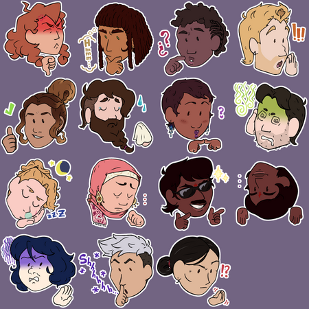 A set of 15 emotes for messaging apps of original characters of mine. From top to bottom and left to right: Ruth, Dānā, André, Costantino, Isabela, Tom, Sara, Jacques, Pearl, Hanāʾ, Aruṇ, Lakṣmī, Ruri, Martín and Dàiyù. From 2023
