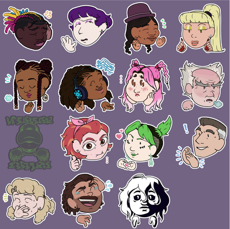 A set of 15 emotes for messaging apps of original characters of mine. From top to bottom and left to right: Nkanyezi, Sabina, Zoila, Candelaria, Däraartuu, Eebbisee, Marichú, Nimrod, 🚫, Concha, Galina, Richard, Wisteria, Ricardo and Tim. From 2023