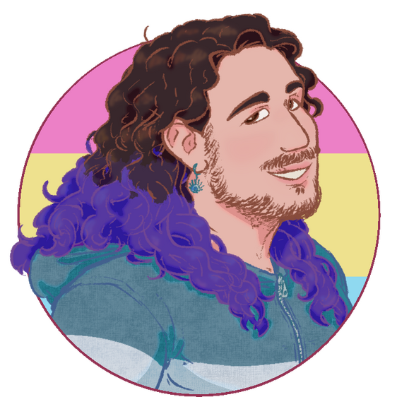 Self portrait of myself, with my favourite jacket, my purple-dyed hair and the pansexual flag as background.